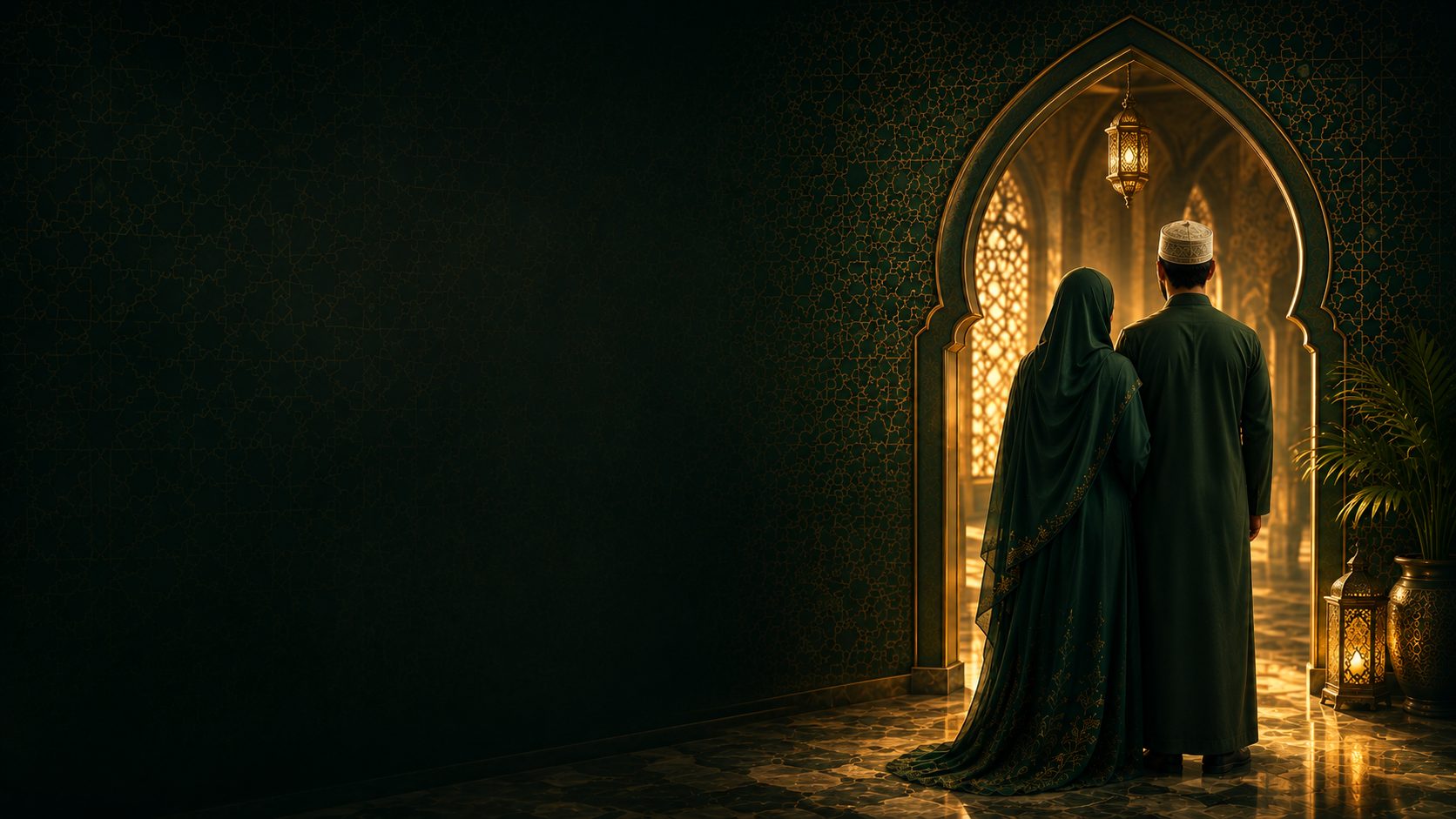 A Muslim couple standing together beneath an ornamental arch